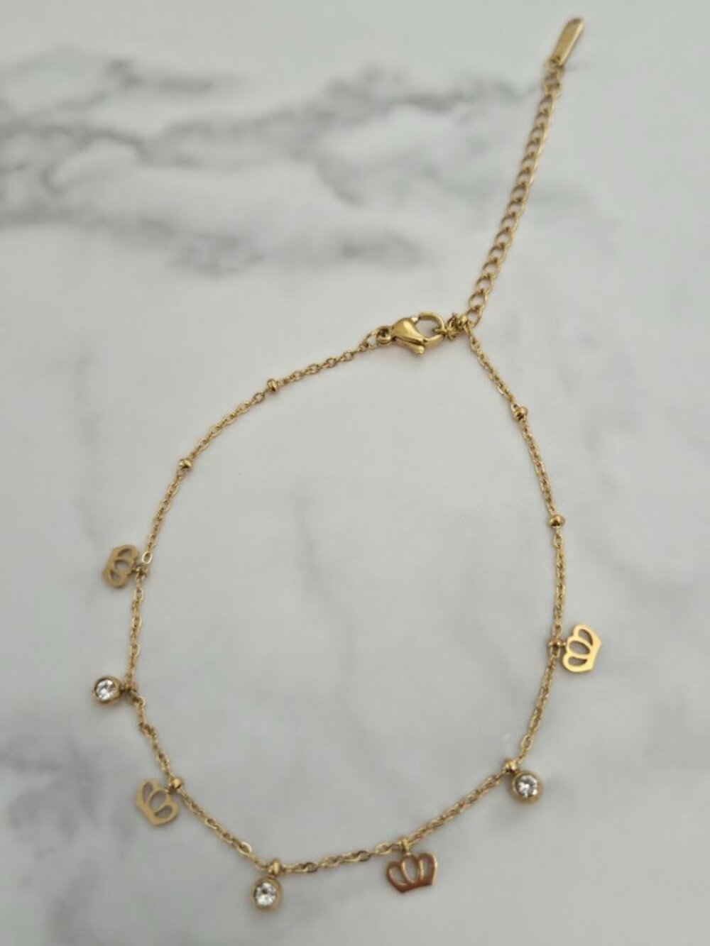 Gold Chain Anklet with Crown and Rhinestone Charms Delicate Beach Jewelry - Picture 11 of 13